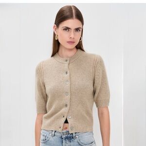 White + Warren Short Sleeves Beige Cashmere Knit Cardigan Sweater size S
